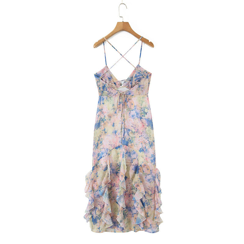 Flowering Girl Women rebecca Floral print ruffle backless maxi dress - blue