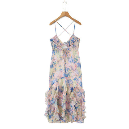 rebecca Floral print ruffle backless maxi dress - blue