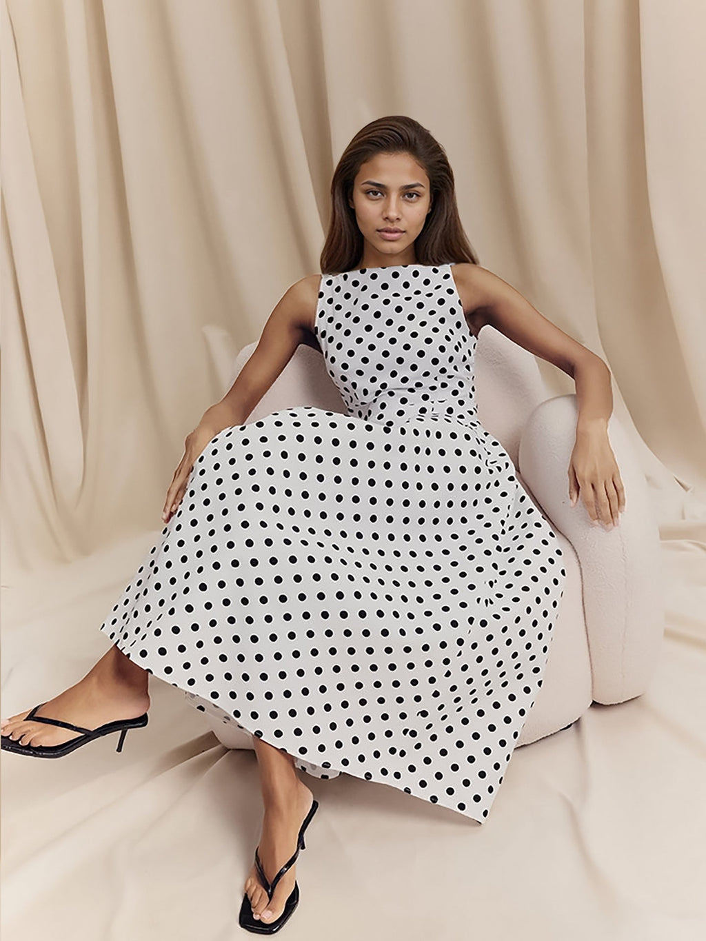 Flowering Girl Women Sleeveless Polka Dot Midi A-line Dres
