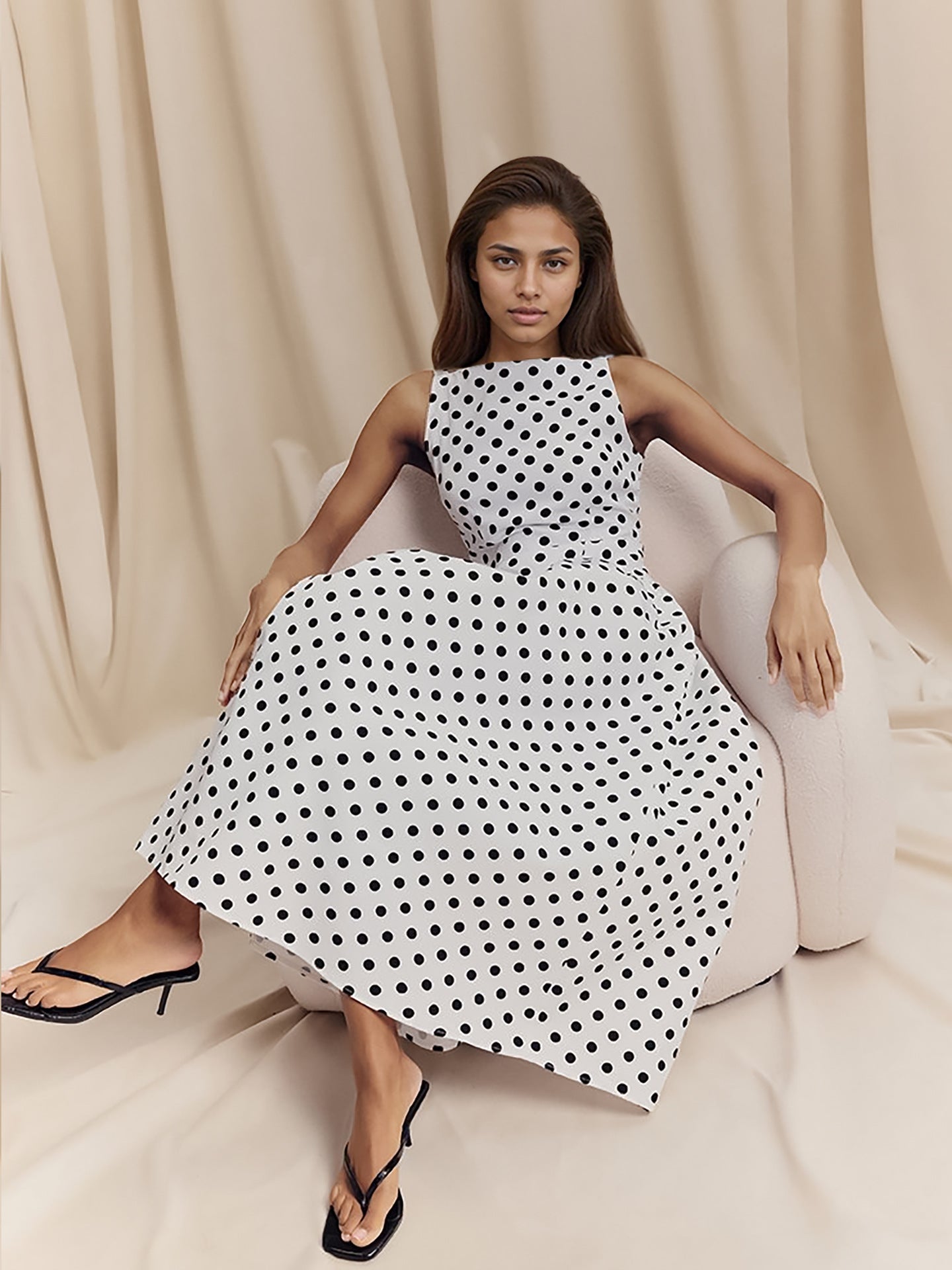 Flowering Girl Women Sleeveless Polka Dot Midi A-line Dres