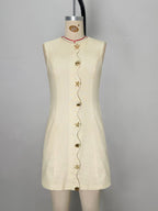 Flowering Girl Women Pale Yellow Sleeveless Round Neck Star Shell Button Straight Mini Dress