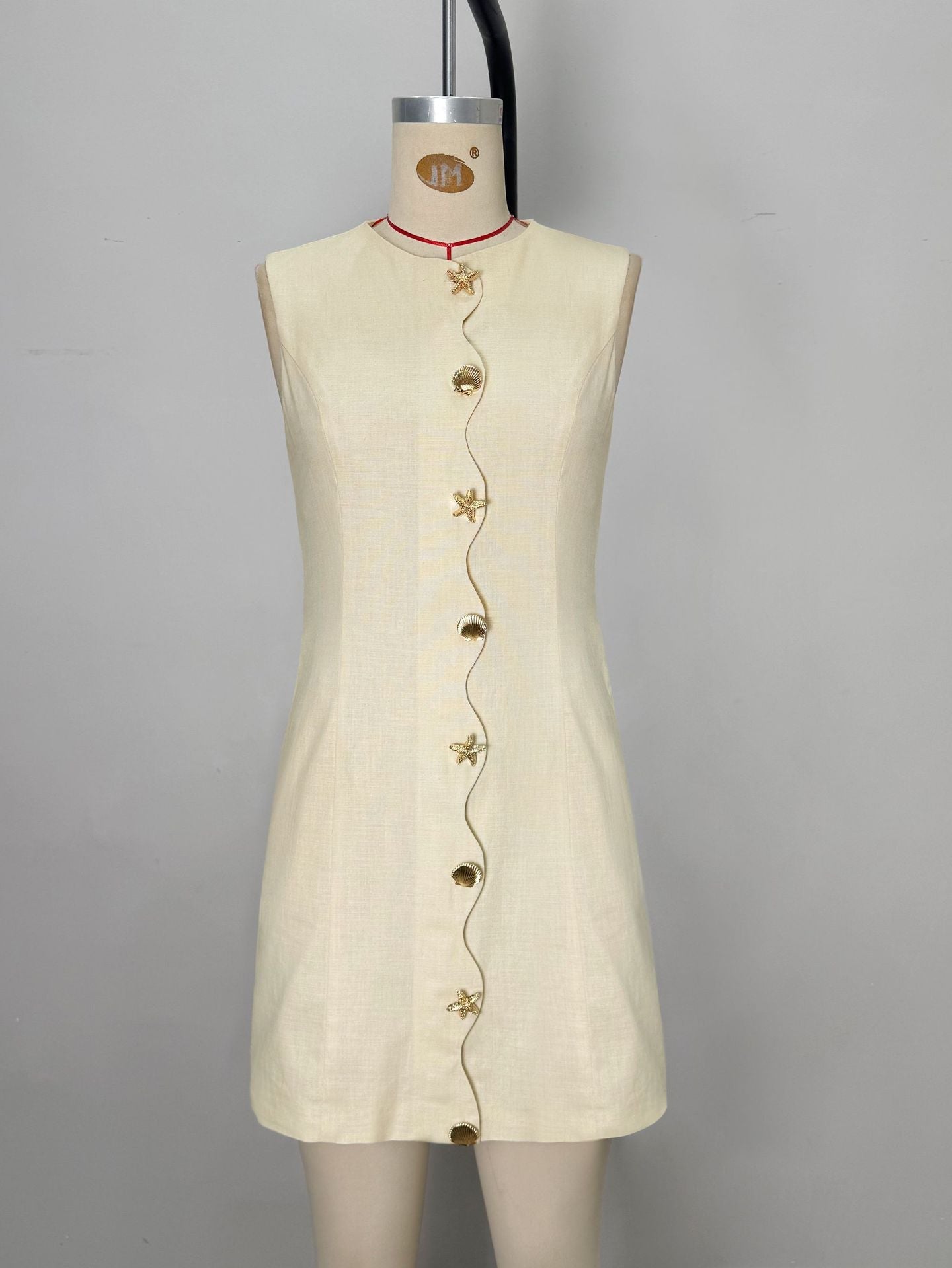 Flowering Girl Women Pale Yellow Sleeveless Round Neck Star Shell Button Straight Mini Dress
