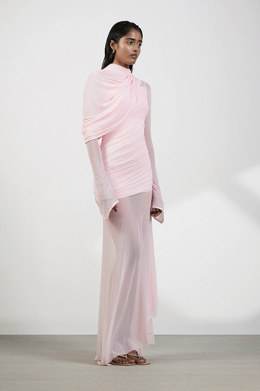 High-neck drapey pleated mesh panel maxi dress in pink