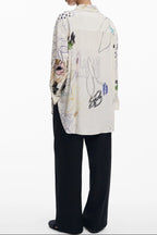 Cream Abstract Floral Sketch Print Long Sleeve Oversized Shirt