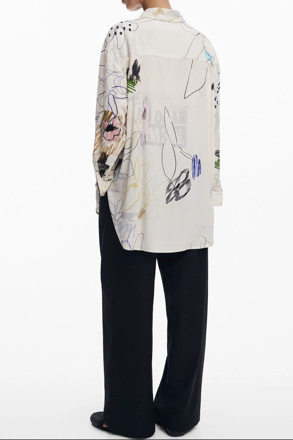 Cream Abstract Floral Sketch Print Long Sleeve Oversized Shirt