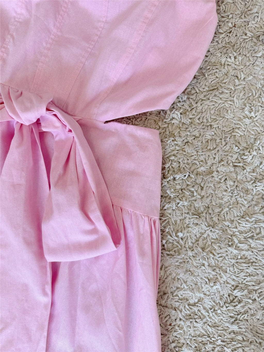 pink bow waist-revealing square neck cotton-linen dress
