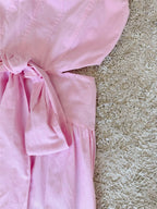 pink bow waist-revealing square neck cotton-linen dress