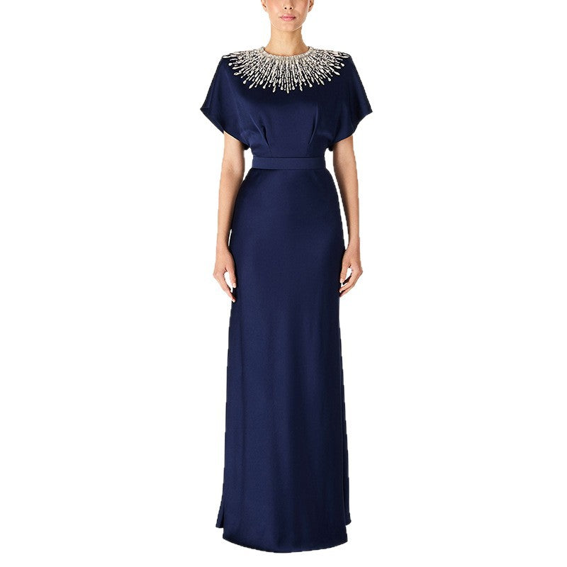 backless satin bead diamond maxi dress