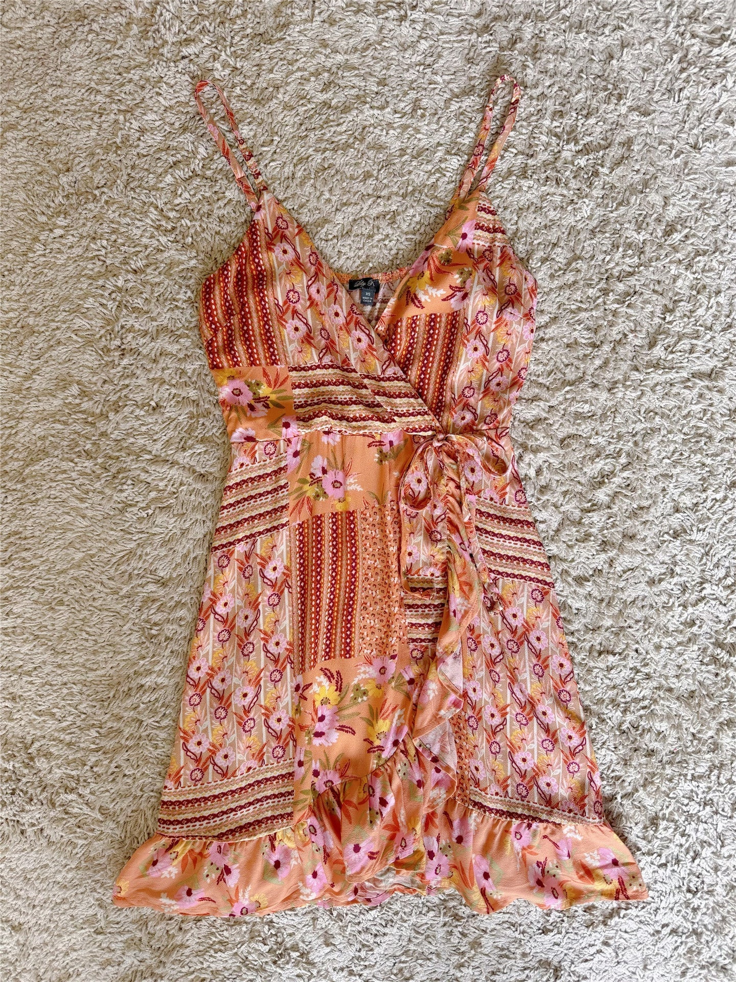 floral ruffle side tie V-neck slip dress
