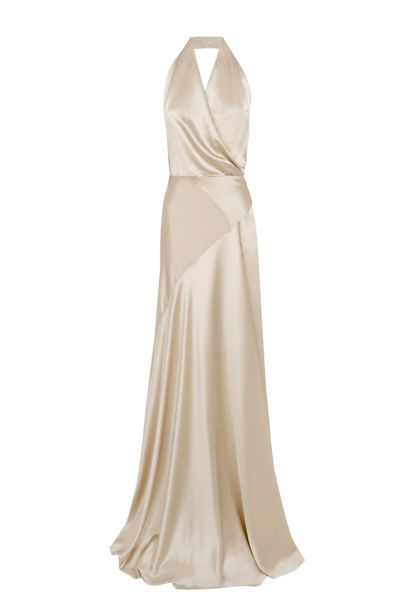 kay Champagne crepe bias-cut satin halter maxi dress