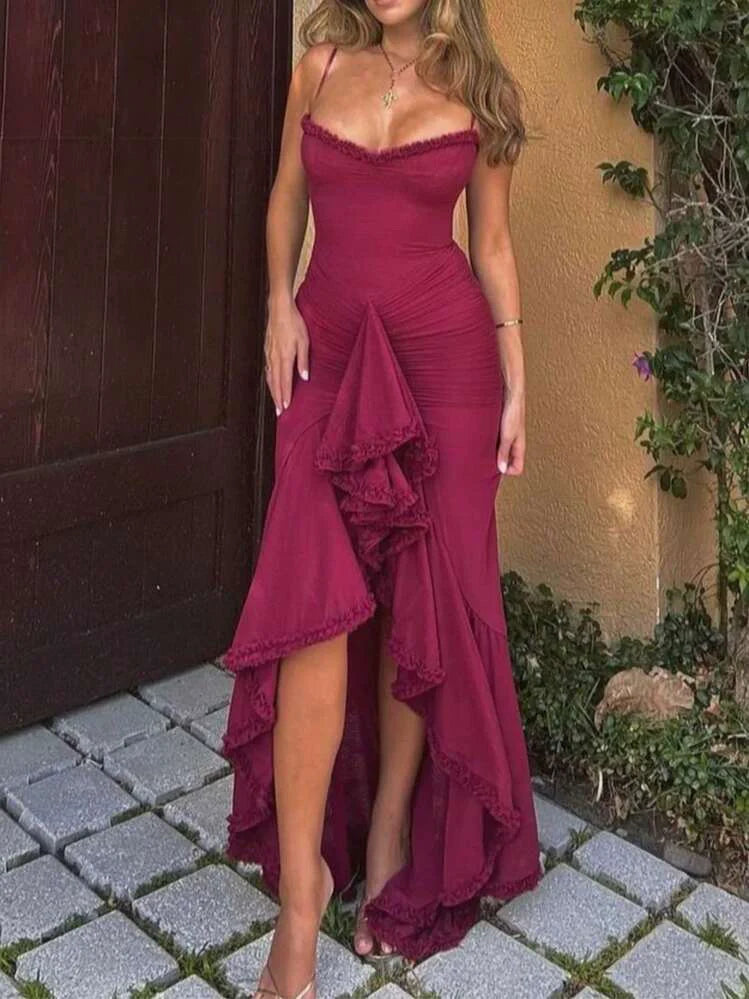 Burgundy Mesh Ruffle Waist Maxi Dress
