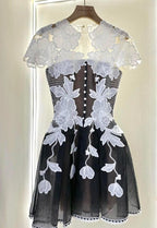 Flowering Girl Women black-white lace flower embellished mini dress