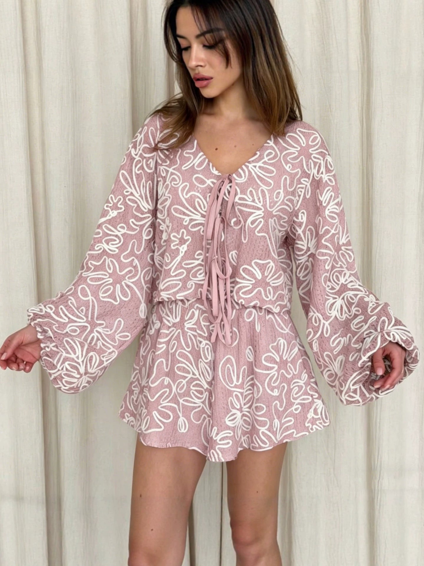 Flowering Girl Women Vacation Jacquard Tie-Waist Cardigan Top & Shorts Two-Piece Set