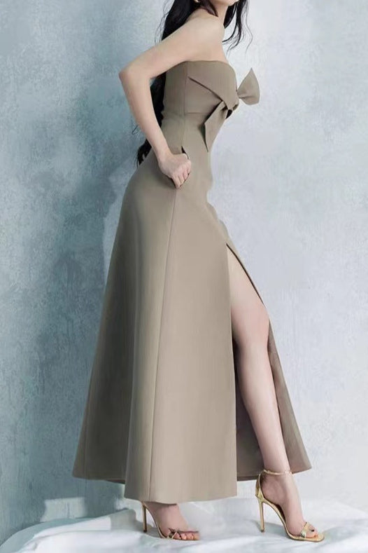 Alberta Bowknot Strapless Slit Midi Dress In Grey Green