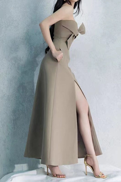 Flowering Girl Women Alberta Bowknot Strapless Slit Midi Dress In Grey Green