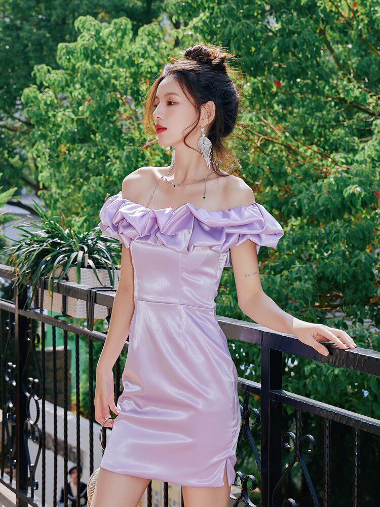 Dolores Ruffle Strapless Mini Dress-Purple