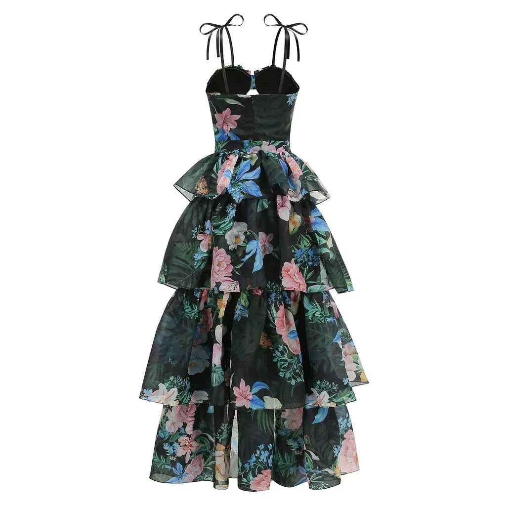 Flowering Girl Women Tropical Floral Cutout High Low Tiered Maxi Dress