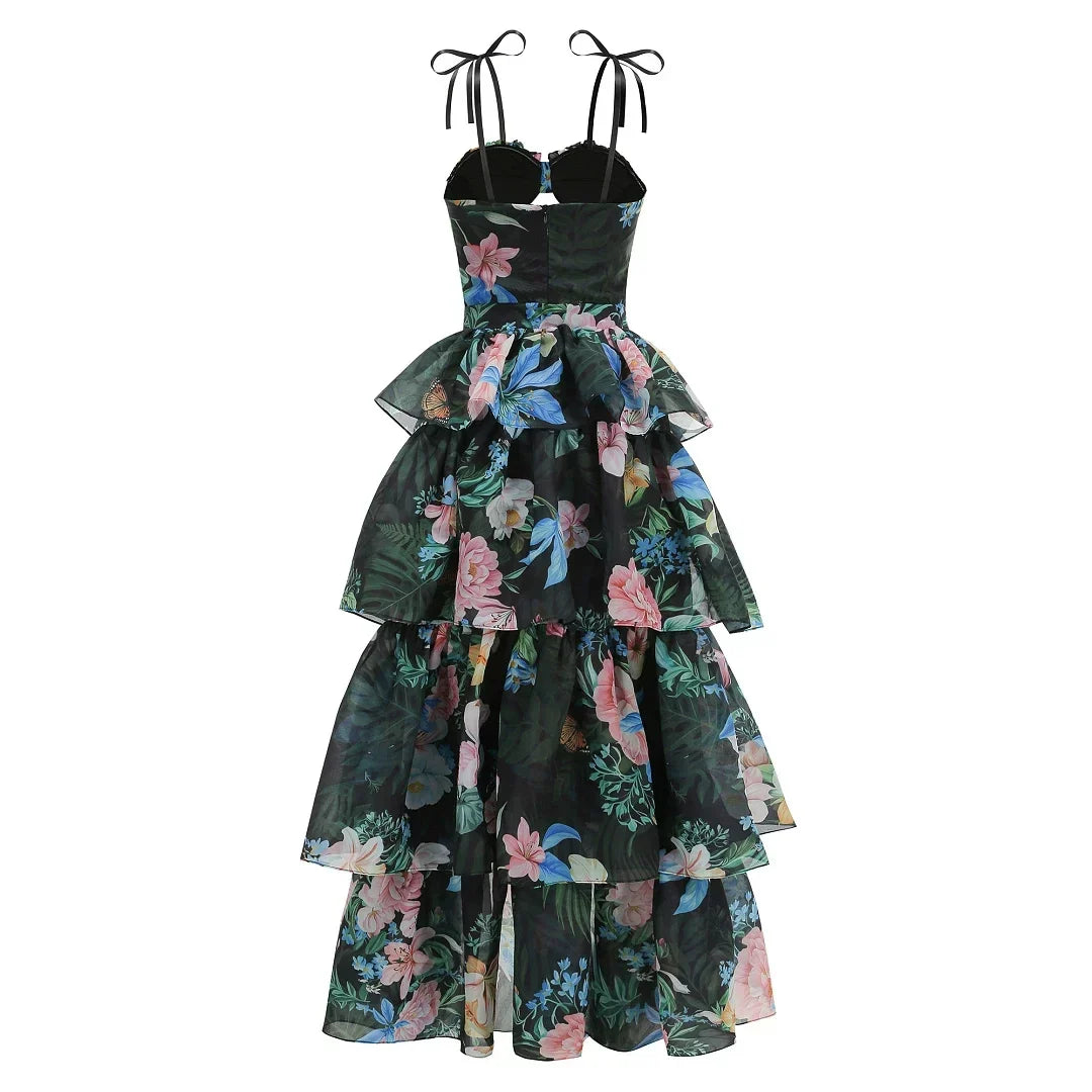 Flowering Girl Women Tropical Floral Cutout High Low Tiered Maxi Dress