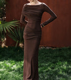 Olga Off-Shoulder Ruched Bodycon Maxi Dress In Brown