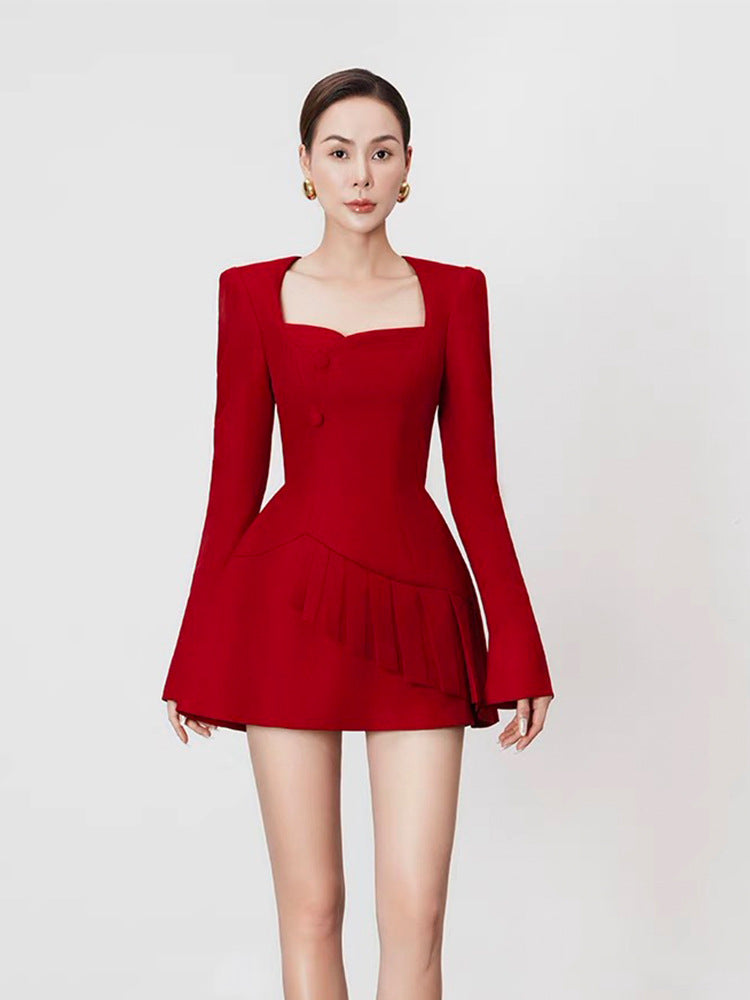 Victoria Red Square Neck Long Sleeve a-Line Mini Dress