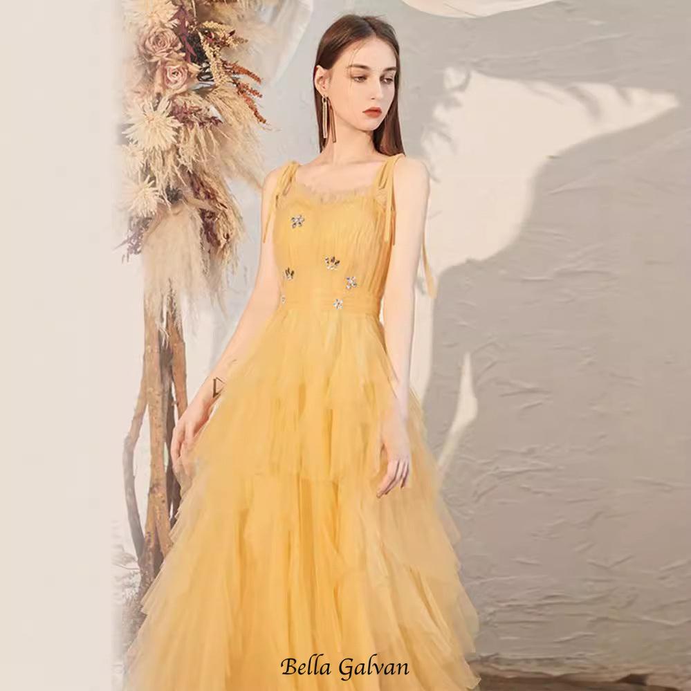 Flowering Girl Women victoria rhinestone embellished tulle maxi dress - yellow