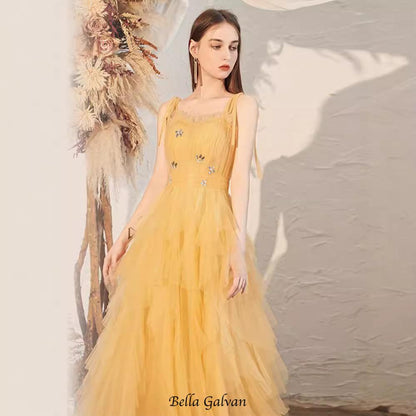 victoria rhinestone embellished tulle maxi dress - yellow