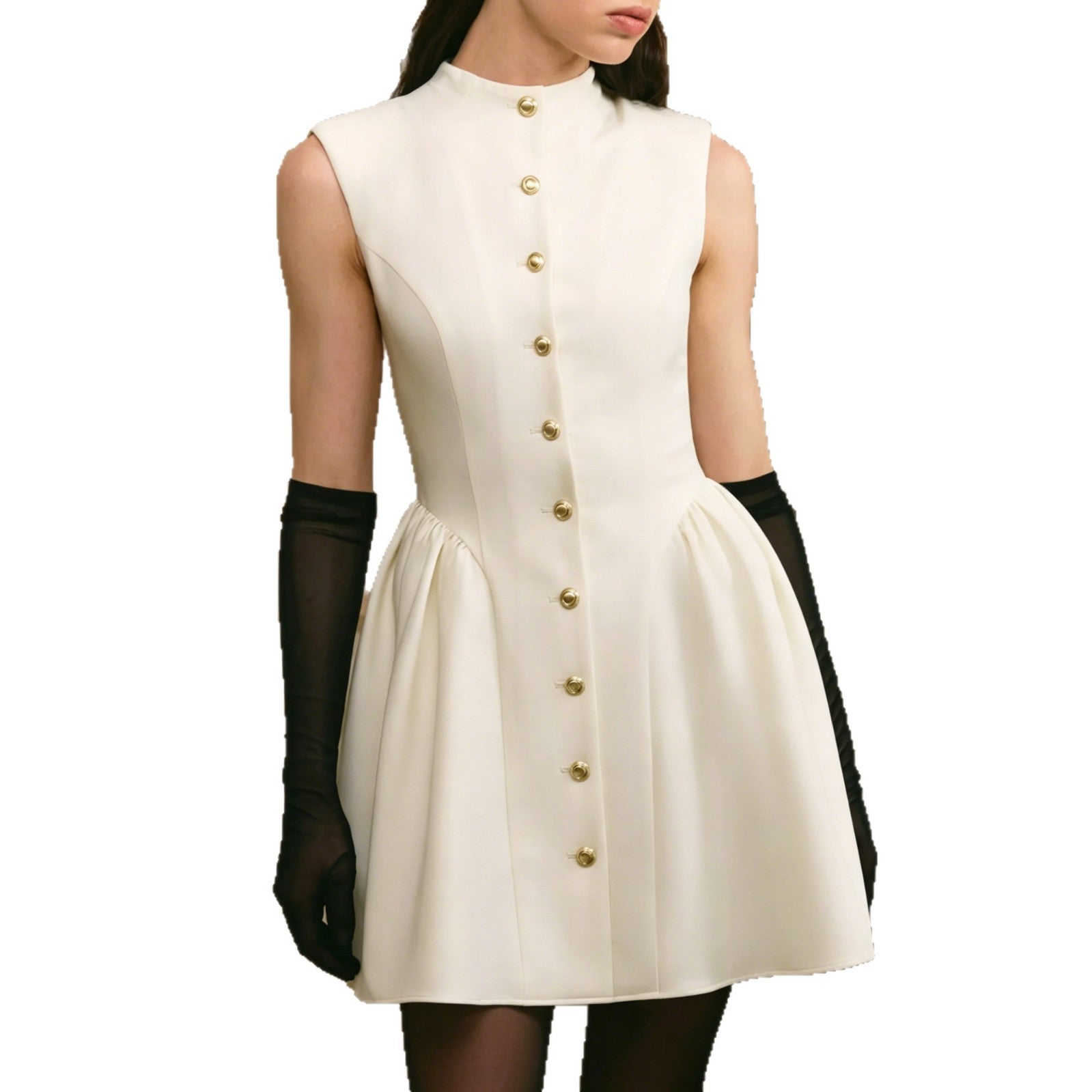 Flowering Girl Women Stand Collar Gold Button Sleeveless Mini Dress