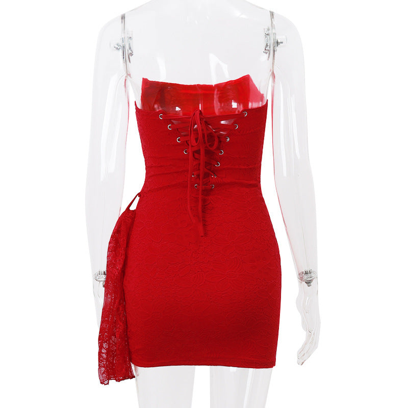 Red Strapless Bandage Backless Floral Lace Corset Tube Mini Dress