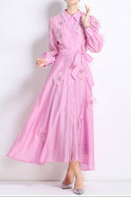 Sally Lapel Embroidered Appliqué Midi Dress In Pink