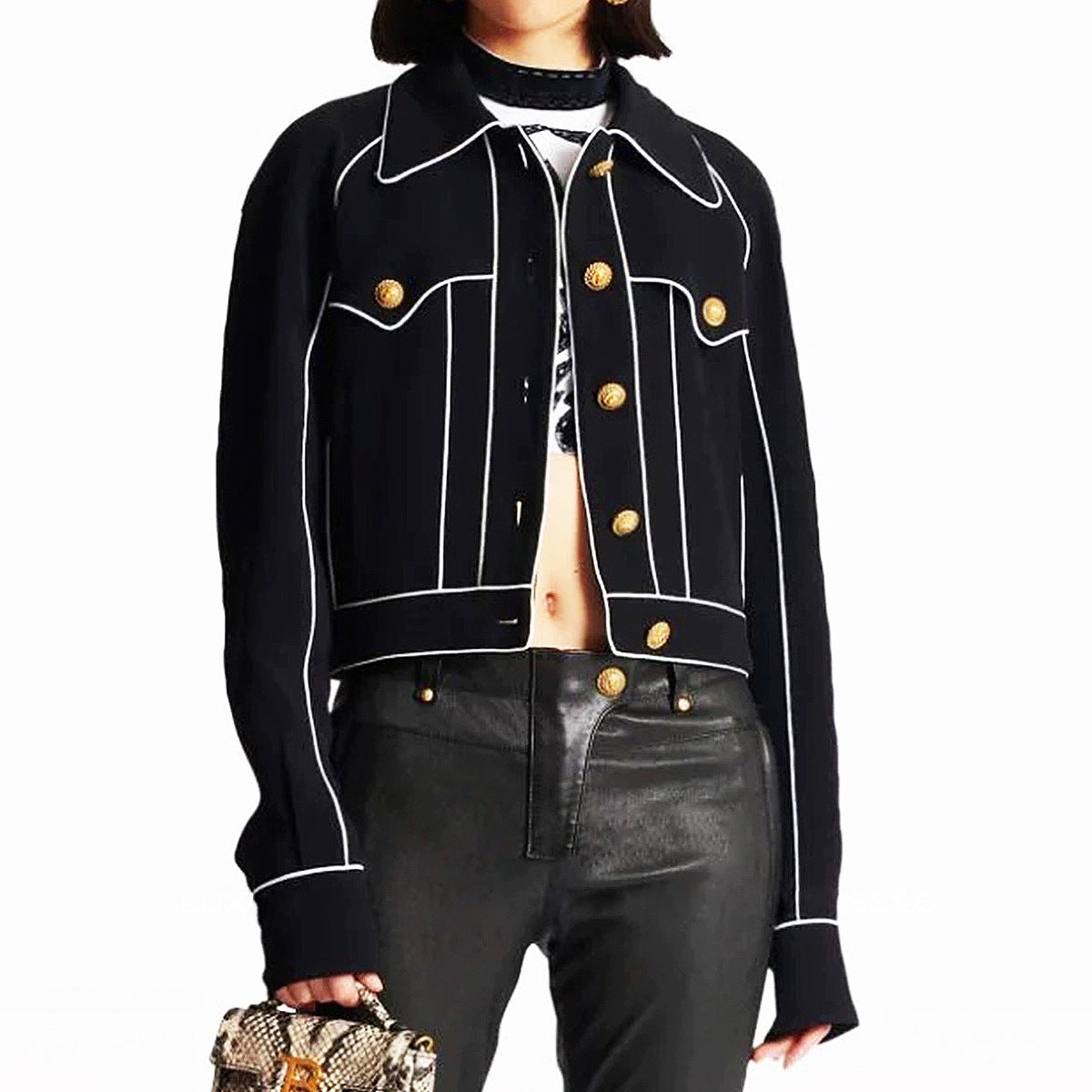 Flowering Girl Women amity seven-button black piped-trim jacket