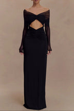 Flowering Girl Women black openwork spliced mesh long sleeve dress