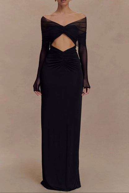 black openwork spliced mesh long sleeve dress