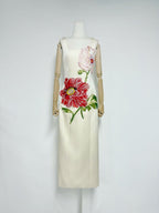 nicola square neck flower embroidery satin maxi dress in apricot