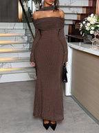 Flowering Girl Women brown bandeau long sleeve hip maxi dress