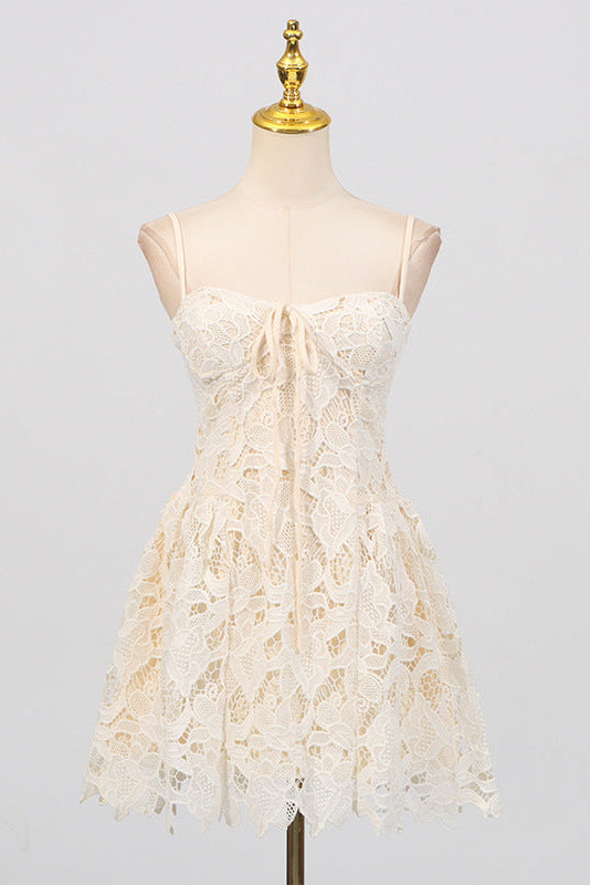Flowering Girl Women Lace Hollow Sleeveless Mini Dress In Yellow