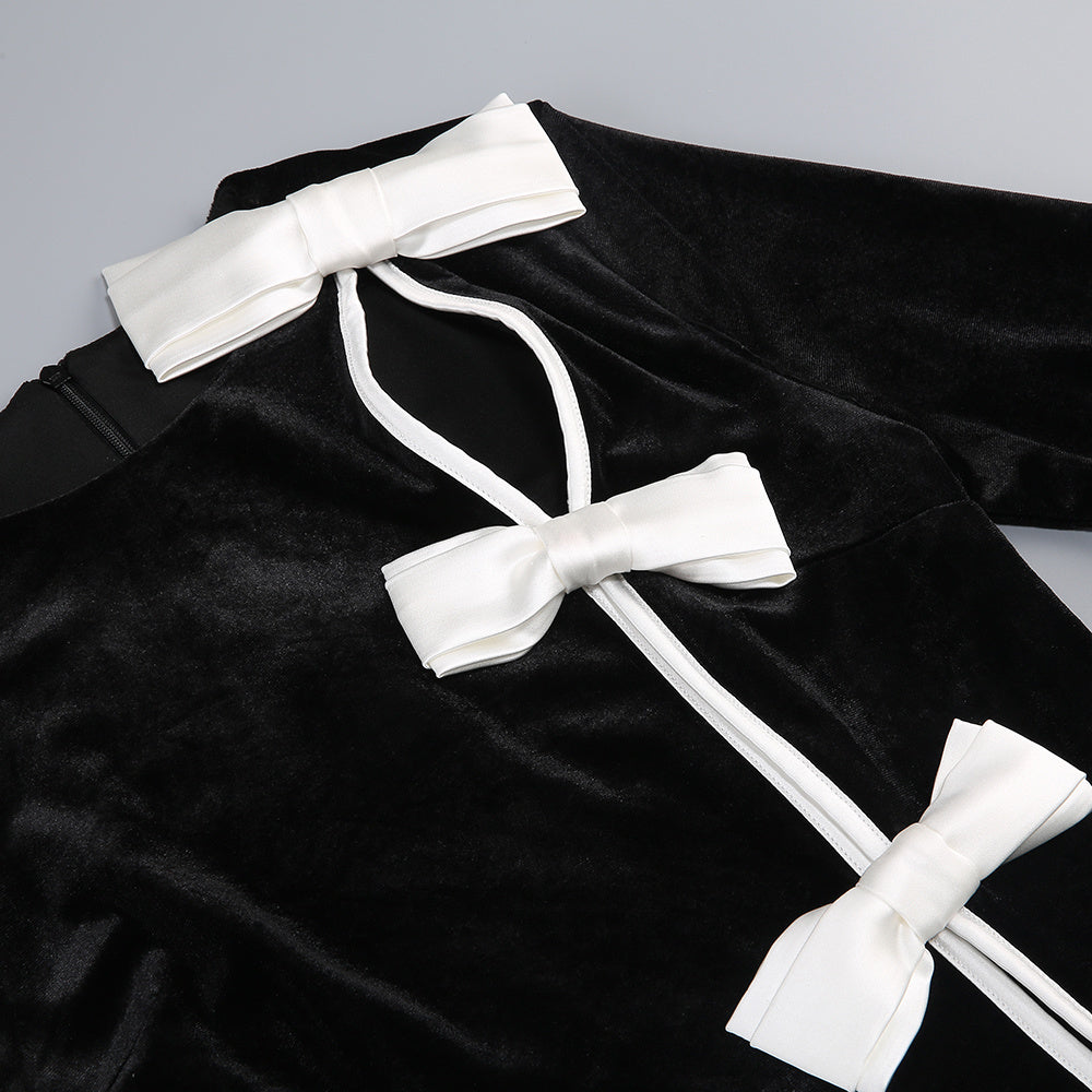 victoria Bow Cascade Velvet Maxi Dress in black