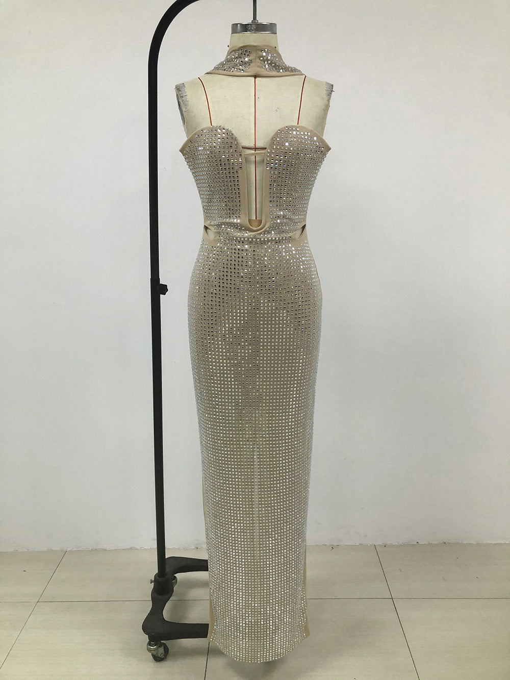 Silver Crystal Mesh Keyhole Cutout Mermaid Gown