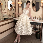 Fae A-Line Square Neck Lace Midi Dress In Cream White