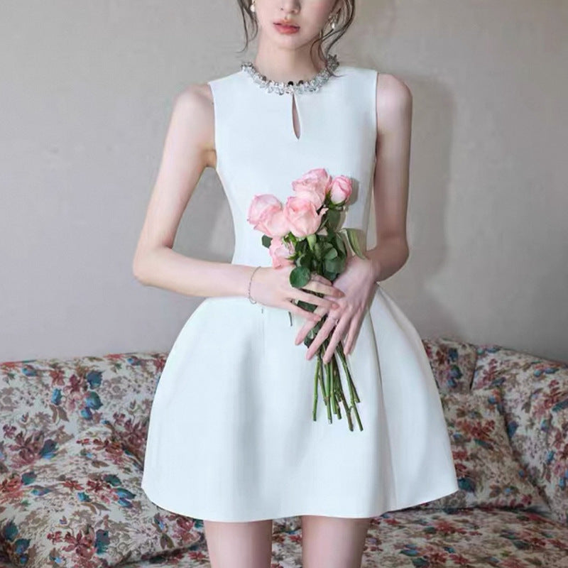 Flowering Girl Women Alyssa Round Neck Diamond Sleeveless Dress In White