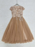 elvira Sequin lace crochet patchwork mesh maxi dress in brown