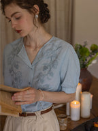 Flowering Girl Women embroidery yarn-dyed striped lapel short-sleeved shirt