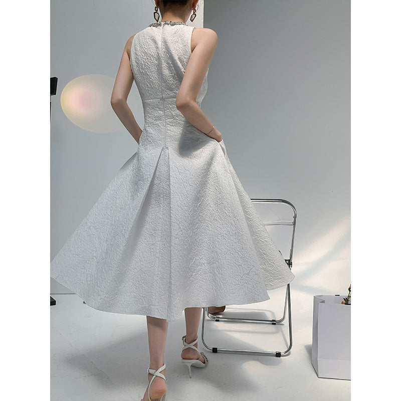 Ava Rhinestone Sleeveless Full Skirt Dress-White