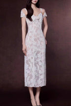 White Floral Lace Cold-Shoulder Midi Dress with 3D Rose