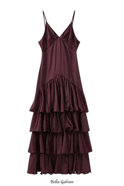 lorraine Waist-cinching backless camisole cake maxi dress - burgundy