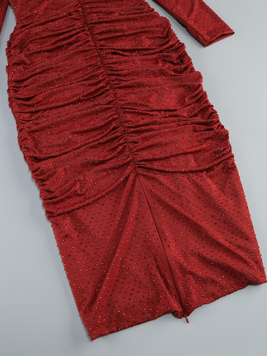 Flowering Girl Women Diamond embellished pleated Midi Dress in merlot