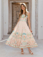 pink large swing floral linen sleeveless slip dress