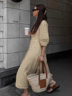 Flowering Girl Women Loose-fitting puff sleeve V-neck cotton linen midi dress