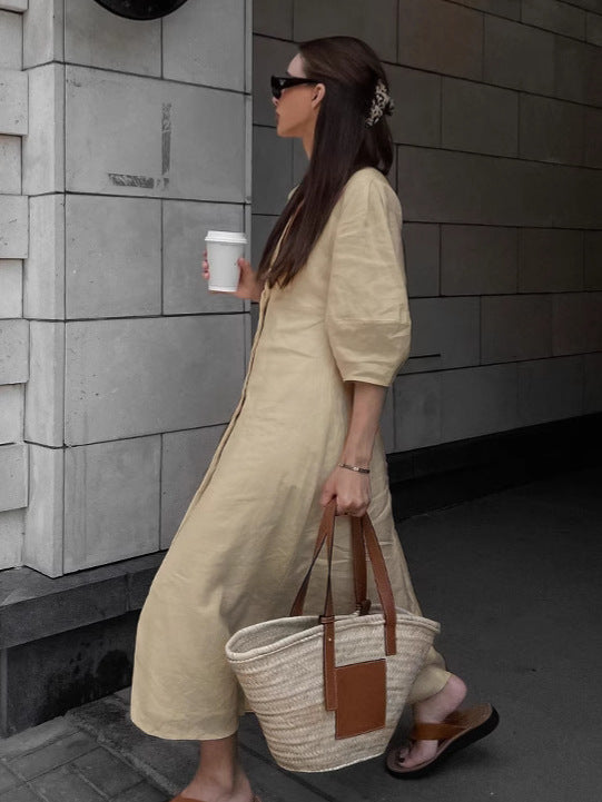 Flowering Girl Women Loose-fitting puff sleeve V-neck cotton linen midi dress