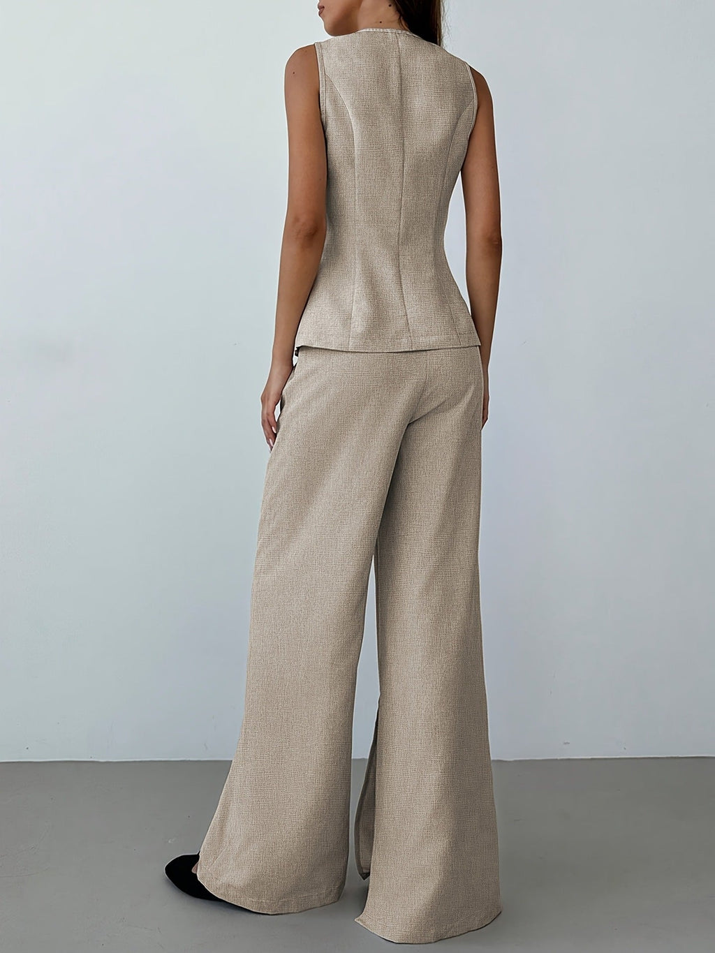 Flowering Girl Women Khaki High Waist Front Slit Wide Leg Suit Pants Textured Linen Blend Office Trousers