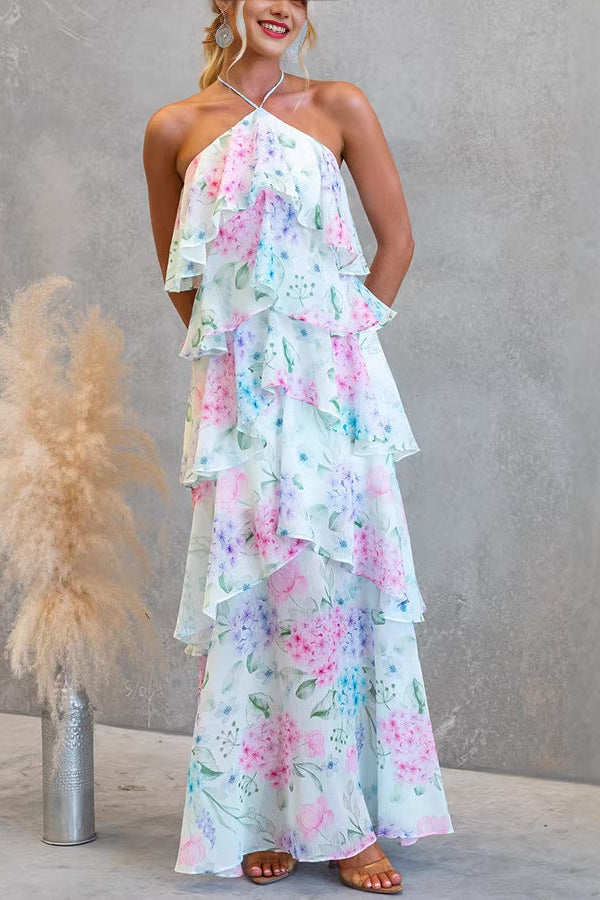 Flowering Girl Women Floral Ruffle Halter Neck Midi Dress - blue